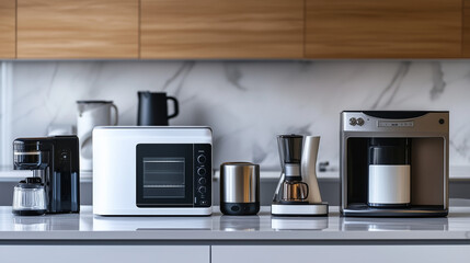 The warm glow of indoor lighting highlights a curated collection of kitchen essentials: a smart toaster, a glossy stand mixer, and a futuristic electric kettle, each adding a touch of innovation to da
