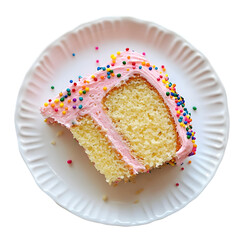 A slice of vanilla cake with pink frosting and colorful sprinkles on a white paper plate viewed from above