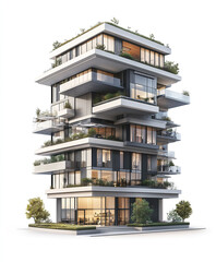 Obraz premium Modern condominium with greenery on white background