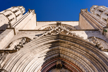 Detail of the facade of Santa Maria del Mar Basilica in Barcelona, Spain. Historic architecture of the landmark of the catalan city.