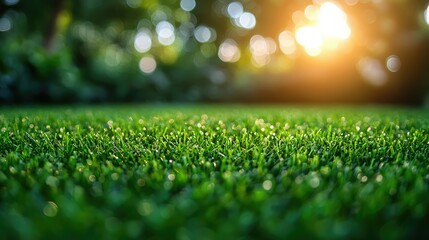 Naklejka premium Lush green grass in a sunny backyard with blurred background trees