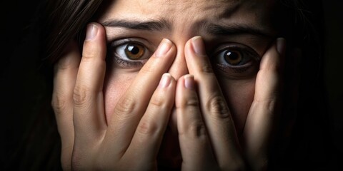 A woman covers her face with her hands, expressing fear or distress, with a focus on her eyes and emotions in a dark setting.