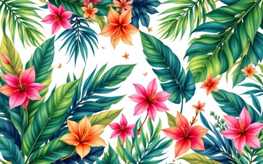 A vibrant arrangement of tropical flora featuring various colorful flowers and lush green leaves