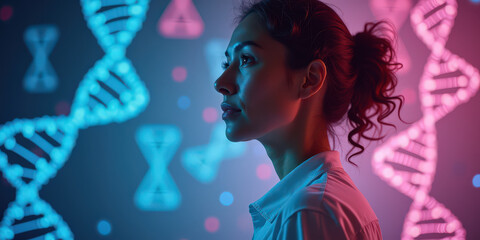 A young woman of mixed ethnicity with curly hair gazes thoughtfully at colorful DNA strands in blue and pink, conveying a sense of curiosity and innovation in science