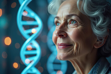 A thoughtful elderly woman with silver hair smiles gently, gazing upward against a backdrop of glowing DNA strands and soft, colorful lights