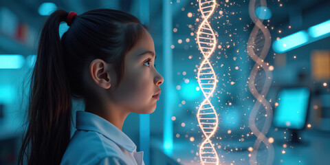 A young girl of Hispanic descent gazes intently at a glowing DNA strand in a futuristic lab, reflecting curiosity and wonder about science and genetics