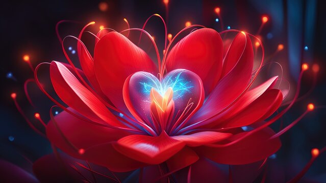 An abstract, artistic object that resembles a glowing heart with petals arranged symmetrically. Love's Cosmic Blossom