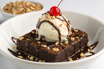 Brownie with Vanilla Ice Cream Chocolate Syrup Nuts and Cherry