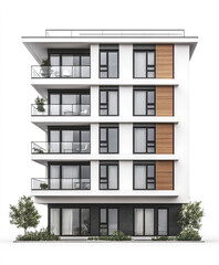 Fototapeta premium Modern condominium building with balconies and trees on white background