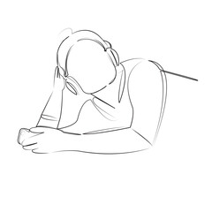 One continuous line art drawing flat illustration person, music, girl, earphones, woman, lifestyle, listen, female, headphone, portrait. Isolated image hand draw outline on white background