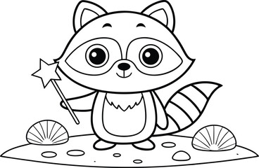 Cartoon Raccoon with Star Wand on Beach in Line Art on Transparent Background