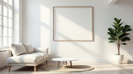 Serene Minimalist Living Room Interior Design with Large Blank Frame, Neutral Sofa, and Potted Plant