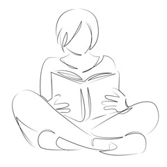 One continuous line art drawing flat illustration book, person, reading, female, woman, girl, lifestyle, education, student, sitting. Isolated image hand draw outline on white background