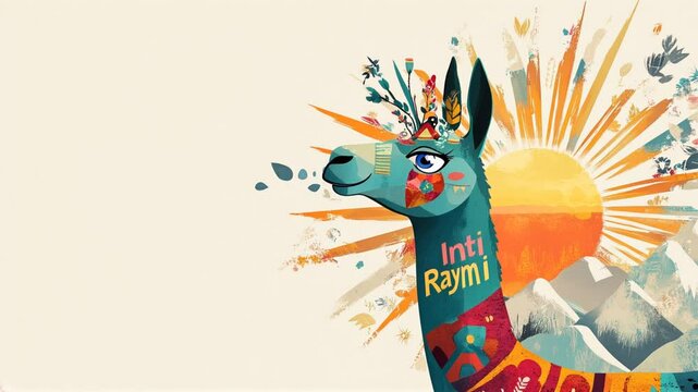 Animated 'Inti Raymi' greeting card featuring a stylized llama with abstract Andean patterns, playfully winking, radiant sun rays behind, bold 'Inti Raymi' text styled like ancient glyphs