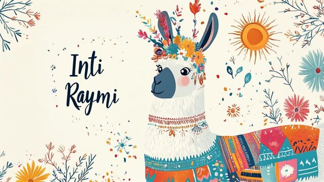 Animated 'Inti Raymi' card featuring a smiling talking llama in colorful Andean attire, surrounded by playful sun symbols and flowers, 'Inti Raymi' text in cheerful hand-drawn style