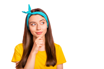 Photo of charming gorgeous broody girl thinking on how to pick that guy up while isolated with vivid background wearing blue headband with pin-up