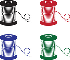 A set of colorful sewing threads with a needle and spool in a shiny metal can