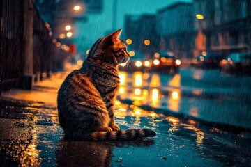 The stillness of a lonely cat contrasts with the busy city traffic.