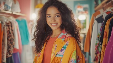 Smiling Young Woman in Colorful Clothing Store with Fashionable Outfits