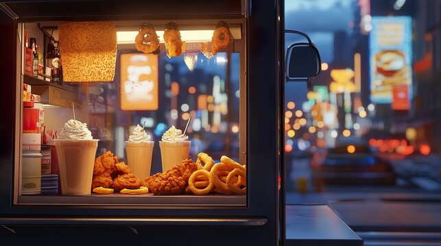 Urban food stand offering fried delights against blurred city night background