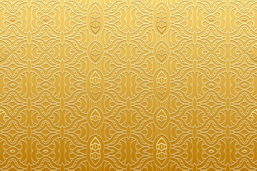 Exotic gold background, cover design, banner for design. Geometric embossed gold 3D pattern. Relief ornaments, arabesques, mandala. Ethnicity of the East, Asia, India, Mexico, Aztec, Peru.