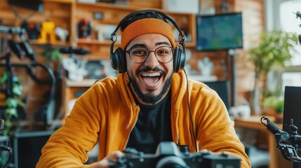 Young Man with Headphones Smiling and Holding Camera in Studio