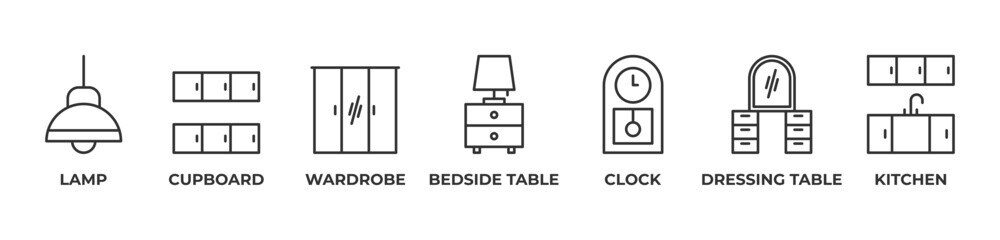 Complete Home Essentials  Icons set vector illustration with  LAMP , CUPBOARD, WARDROBE, BEDSIDE TABLE, CLOCK, DRESSING TABLE, KITCHEN
