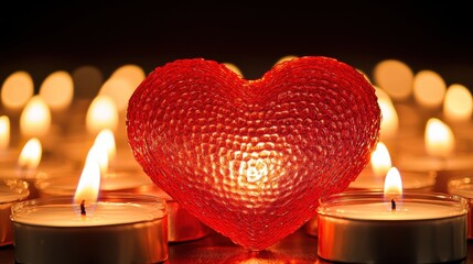 Romantic red heart illuminated amidst flickering candlelight. A symbol of love and warmth.
