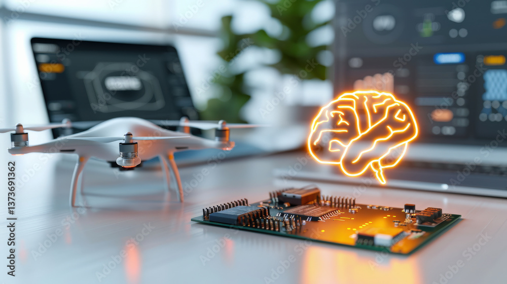 Poster glowing brain hologram hovers over circuit board on desk, symbolizing AI innovation and robotics. drone and laptop are visible, suggesting technology integration