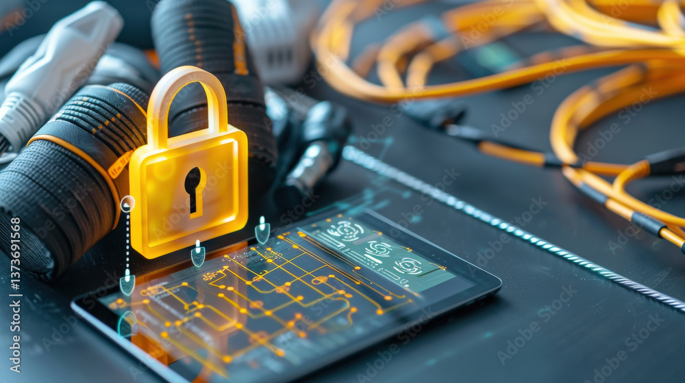 Aufkleber glowing padlock icon on digital tablet represents modern network security, surrounded by cables and connectors, symbolizing data protection and cybersecurity