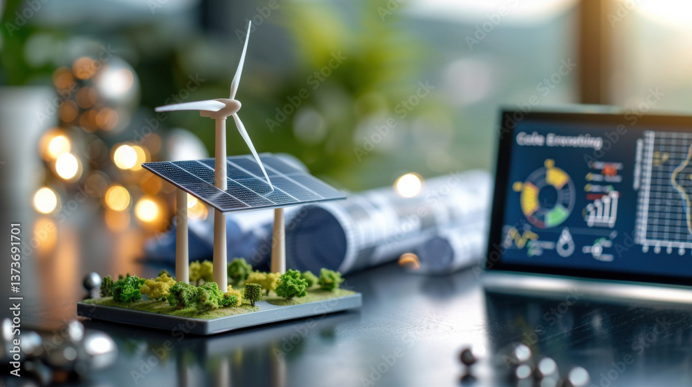 Leinwandbilder miniature model of solar farm with wind turbine is displayed on table, symbolizing clean energy rese