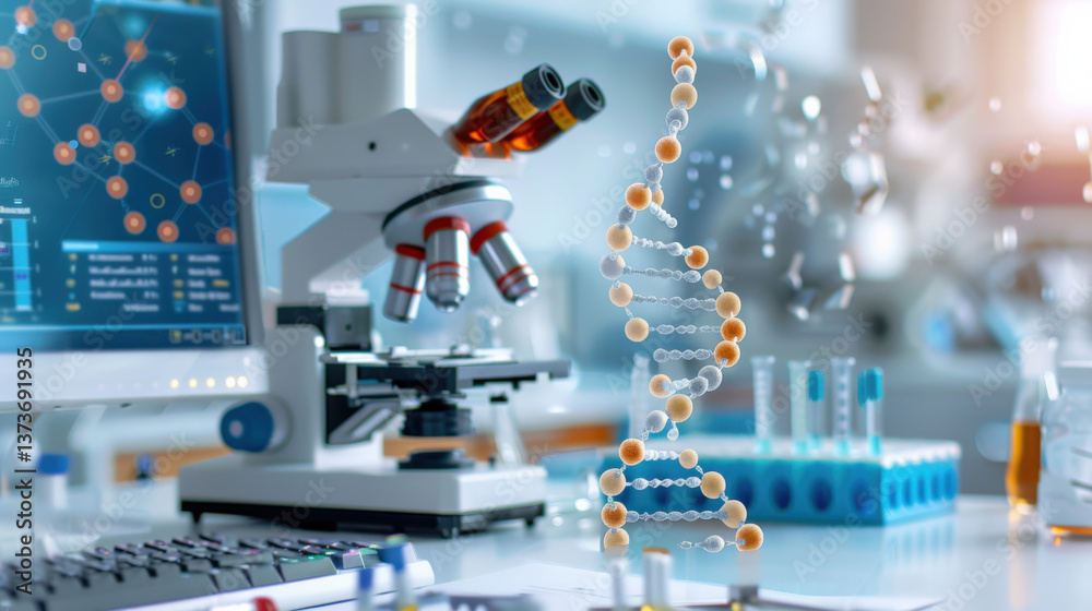 Poster dna helix model stands prominently in genomics research lab, surrounded by microscopes and test tube