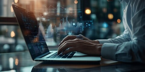 Data Analyst Using Laptop with Financial Charts Interface Overlayed Displayed