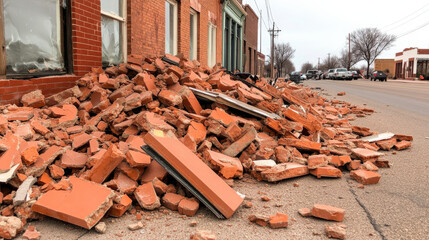 collapsed building with debris scattered across street, showing broken bricks and rubble. scene is set in urban area with overcast skies, conveying sense of destruction