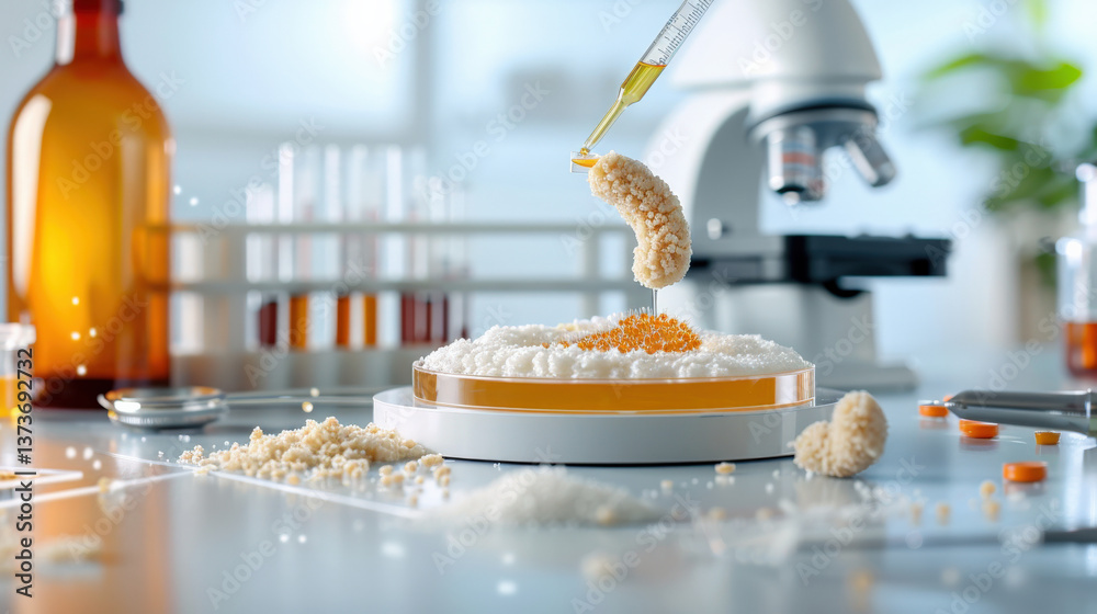 Poster laboratory scene with petri dish containing bacterial culture is shown. pipette is adding liquid to 