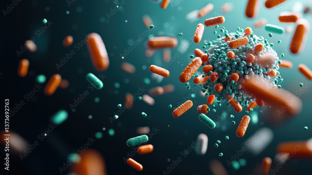 Poster high resolution, realistic illustration of microscopic particles and bacteria in vibrant colors, sho