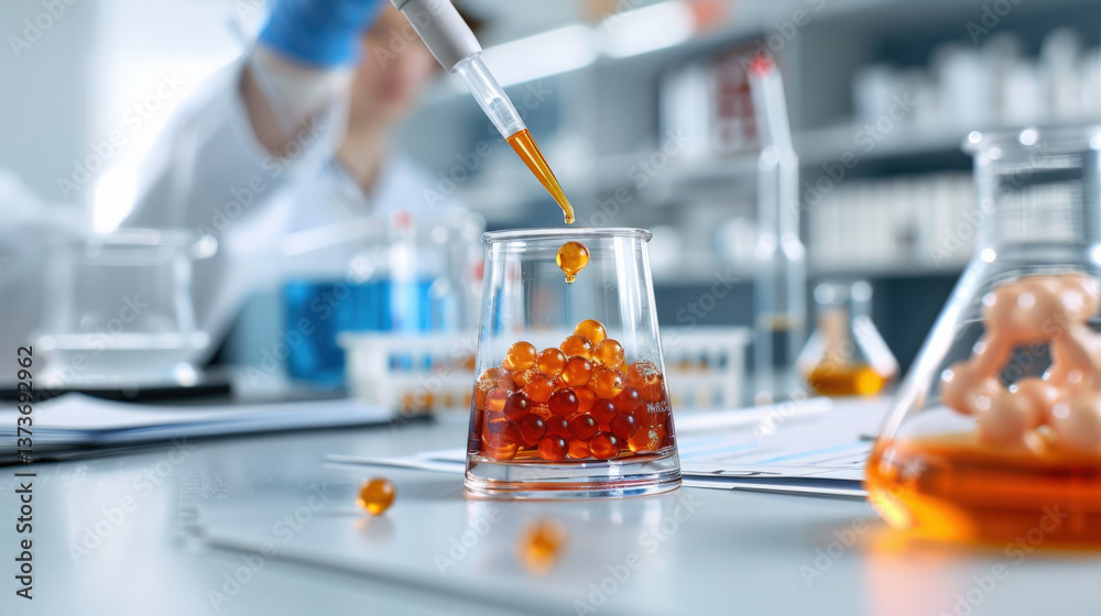 Poster scientist in laboratory carefully uses pipette to add liquid to beaker filled with orange spheres, f