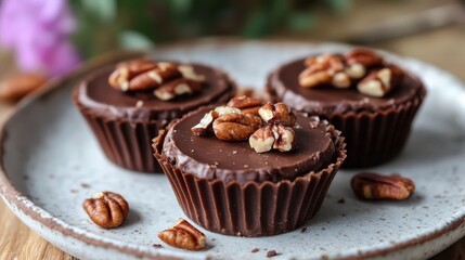 Decadent chocolate cupcakes with pecan topping, beautifully arranged on a rustic wooden surface. Sweet indulgence!
