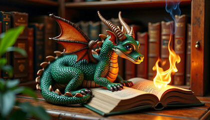 Fototapeta premium A wise book-loving dragon