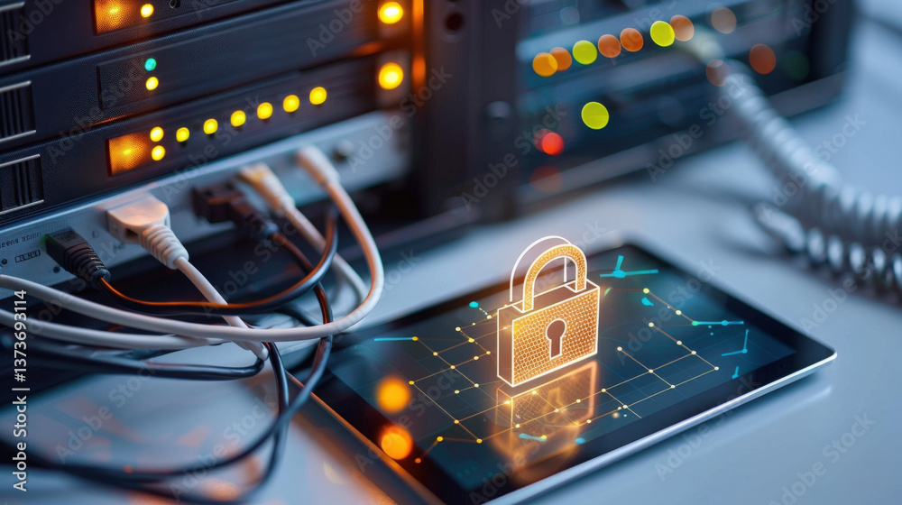 Poster digital padlock icon glows on tablet screen, symbolizing cybersecurity, amidst network server setup with cables and blinking lights, emphasizing data protection