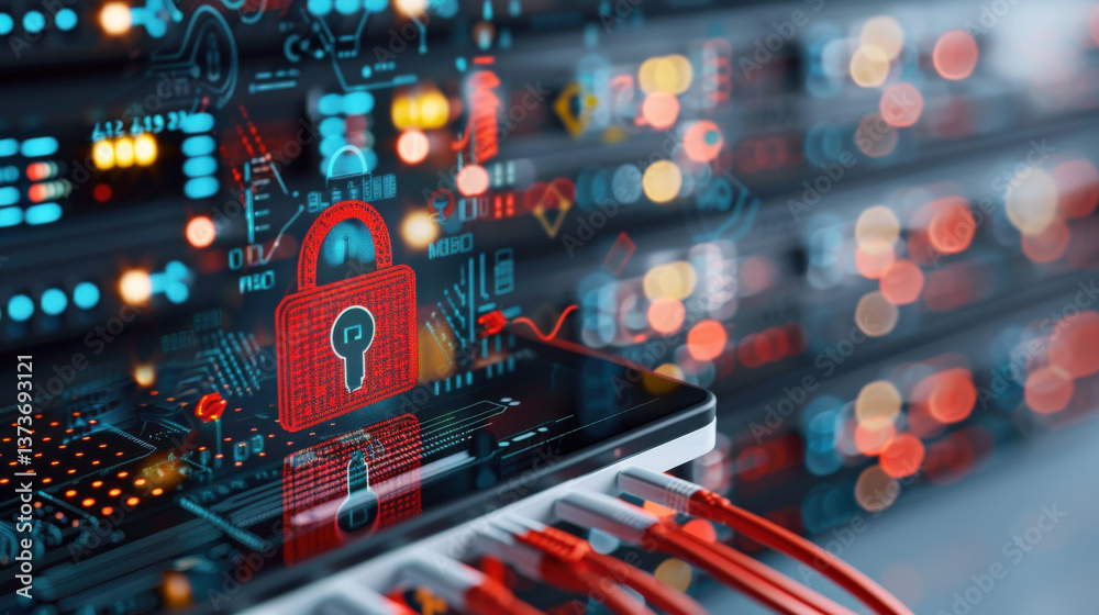 Aufkleber digital padlock icon is displayed on screen, symbolizing cybersecurity and data protection, with network cables connected to server in background