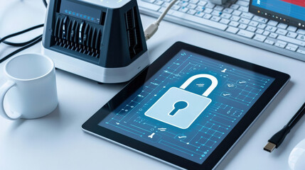 tablet displaying digital lock symbol on circuit board background represents network security and cyber protection. setup includes keyboard and charging station