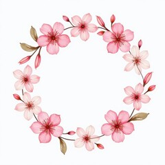 Watercolor Pink Cherry Blossom Floral Wreath Frame on White Background