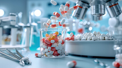 close up of laboratory setting shows colorful pills being examined under microscope, symbolizing advanced drug development. scene conveys innovation and precision