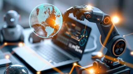 robotic arm interacts with digital globe in futuristic office setting, symbolizing advanced technology and innovation. scene includes laptop and glowing network connections