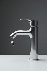 A Single Drop of Water Falling from a Modern Chrome Faucet Against a Neutral Background