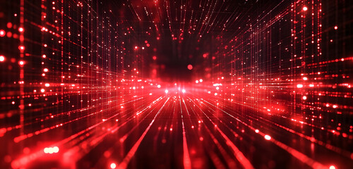 Obraz premium Abstract red matrix background. Digital tech display, computer cyberspace graphic. Futuristic network communication connection. Modern information design texture. Light code grid mesh. Science. Art.