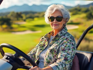 Senior Woman Driving Golf Cart on Scenic Golf Course in Sunshine