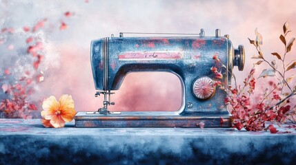 Vintage 1930s Sewing Machine in Artistic Setting with Sepia Tone Oil Painting Aesthetic and Rich Details