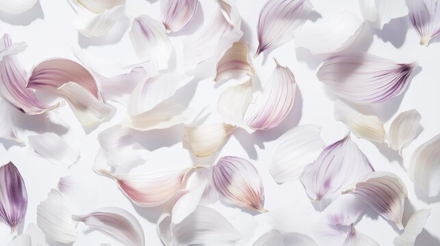 Scattered garlic skins and husks on a white background &ndash; Minimalistic food photo